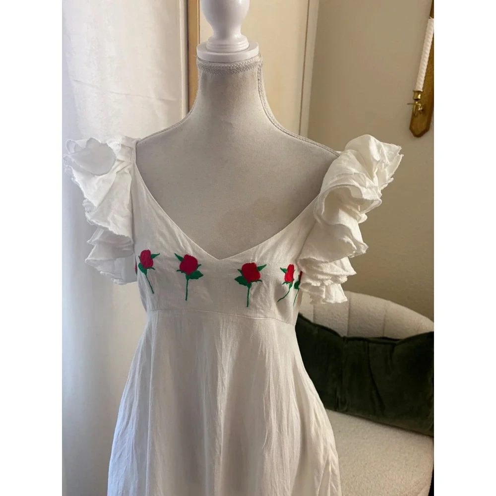 FANM MON‎ White Demre Maxi Dress embroidered roses Size Small